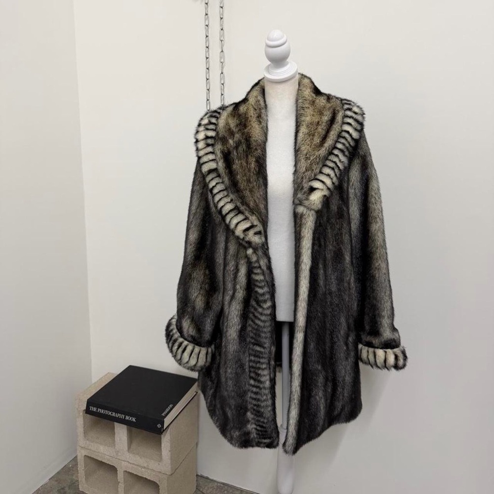 dennis basso Gray and Cream Faux Fur Coat with Striped Trim